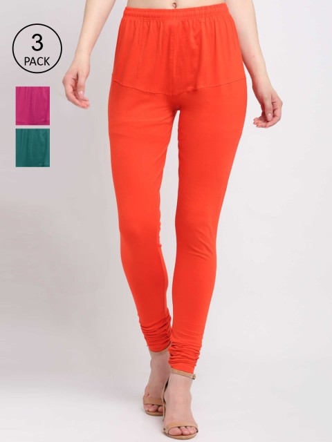 

KLOTTHE Women Pack Of 3 Solid Cotton Churidar-Length Leggings, Orange