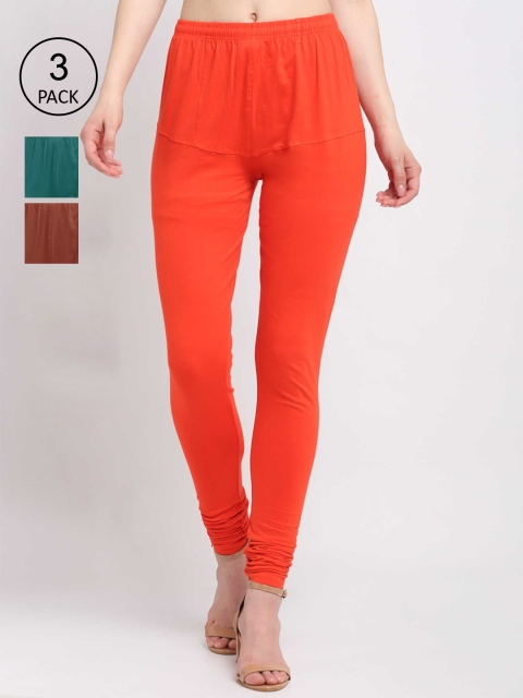 

KLOTTHE Women Pack Of 3 Solid Cotton Churidar-Length Leggings, Orange