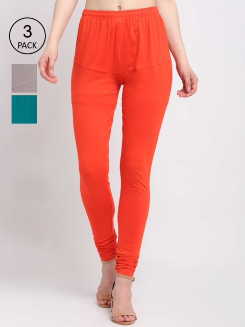 

KLOTTHE Women Pack Of 3 Solid Cotton Churidar-Length Leggings, Orange