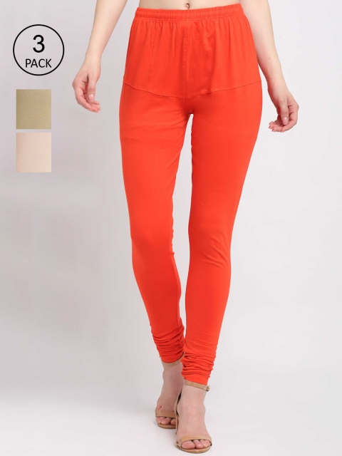 

KLOTTHE Women Pack Of 3 Solid Cotton Churidar-Length Leggings, Orange