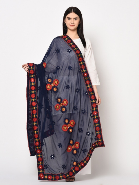

WEAVERS VILLA Navy Blue & Red Embroidered Net Dupatta
