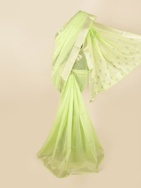 

Pothys Green & Silver-Toned Floral Embroidered Zari Border Saree