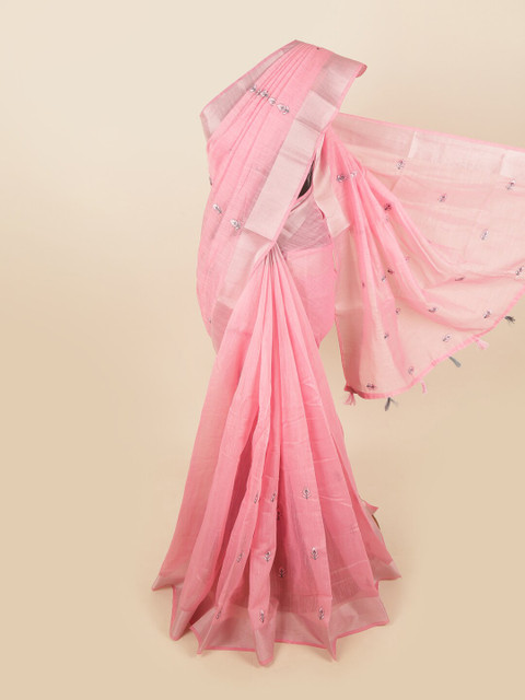 

Pothys Pink & Grey Floral Motifs Printed Zari Saree