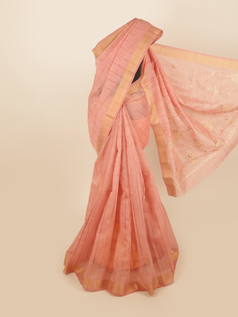 

Pothys Pink & Gold-Toned Checked Zari Saree