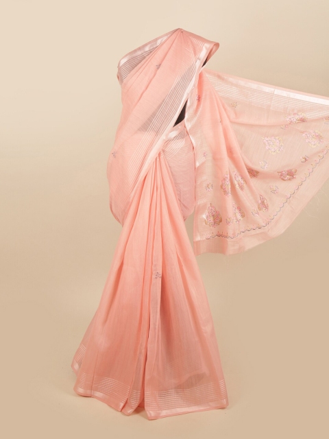 

Pothys Pink & Silver-Toned Ethnic Motifs Zari Border Saree