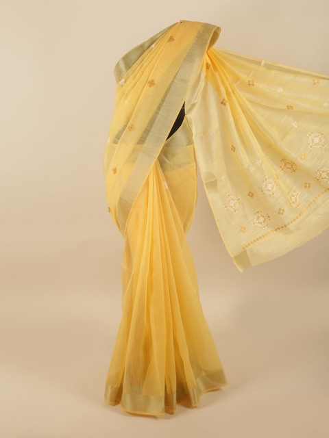 

Pothys Yellow & Gold-Toned Cotton Blend Embroidered Saree