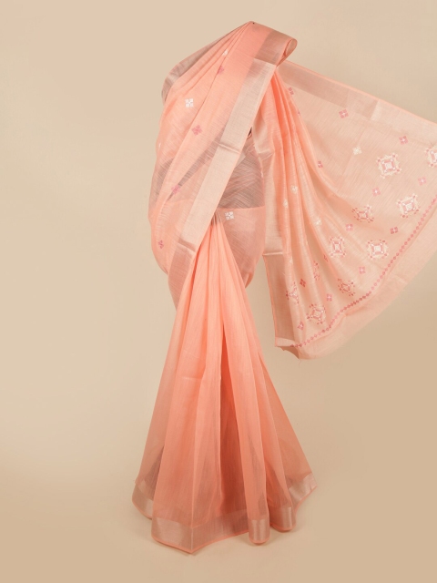 

Pothys Peach-Coloured & Silver-Toned Floral Zari Saree
