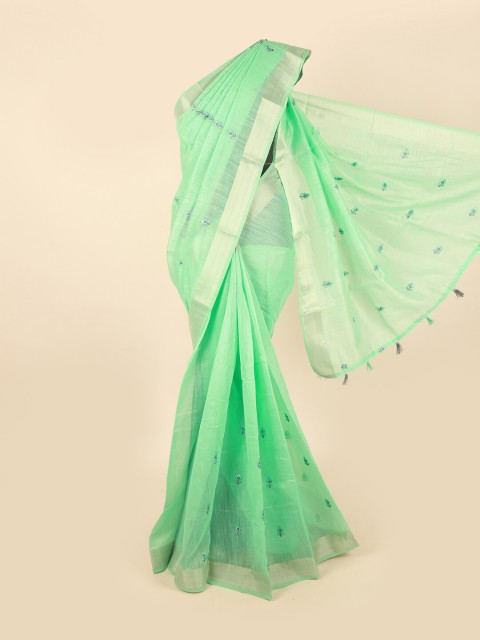 

Pothys Sea Green & Grey Floral Embroidered Zari Border Saree