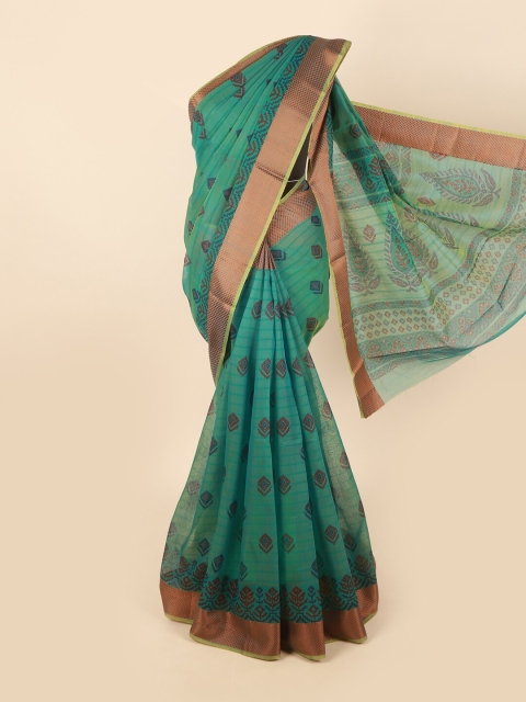 

Pothys Green & Blue Floral Cotton Blend Saree