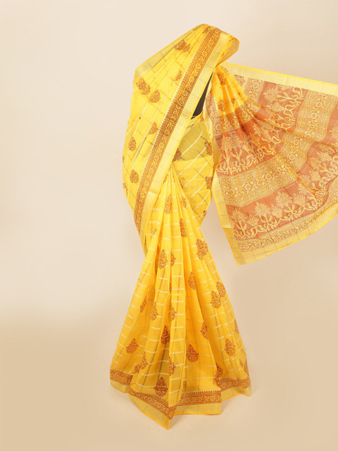 

Pothys Yellow & Brown Ethnic Motifs Printed Zari Saree