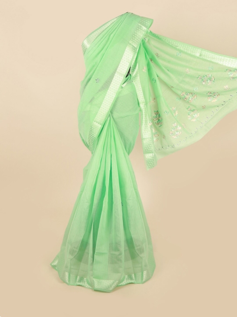 

Pothys Green & Silver-Toned Floral Embroidered Zari Saree