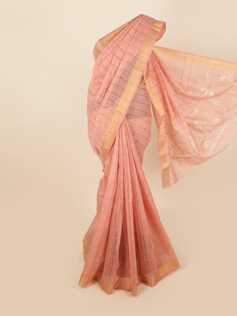 

Pothys Women Pink Checked Cotton Blend Saree with Blouse