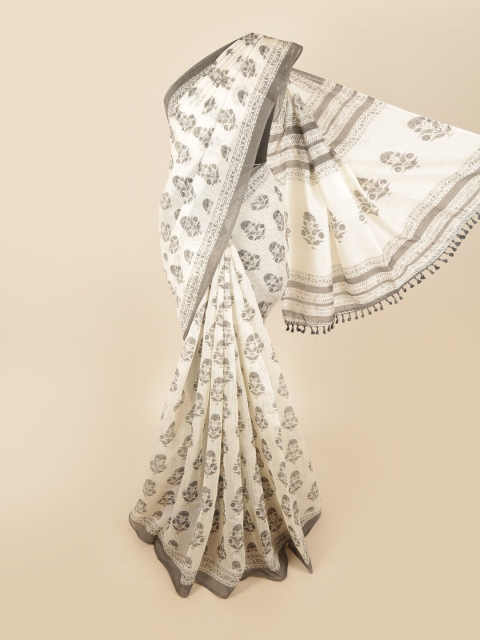 

Pothys Cream-Coloured & Grey Block Print Saree
