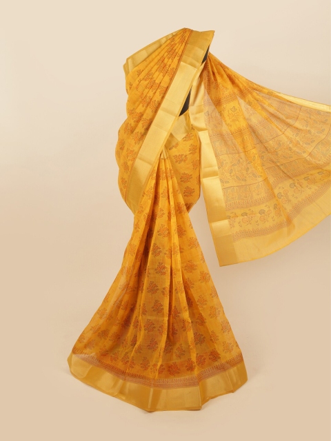 

Pothys Mustard & Gold-Toned Floral Printed Zari Border Saree