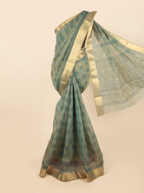 

Pothys Green & Gold-Toned Floral Printed Saree