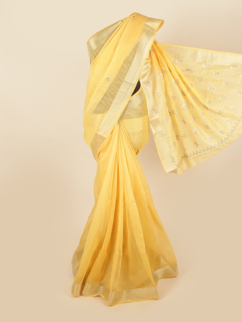 

Pothys Yellow & Gold-Toned Floral Embroidered Zari Saree