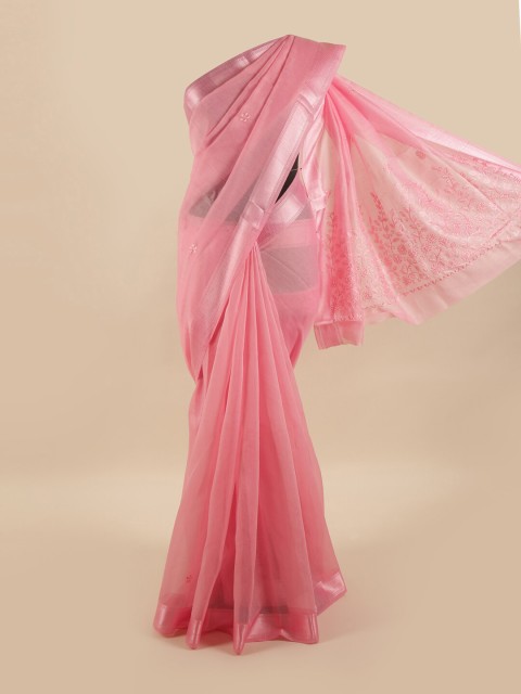 

Pothys Pink & Silver-Toned Floral Embroidered Saree