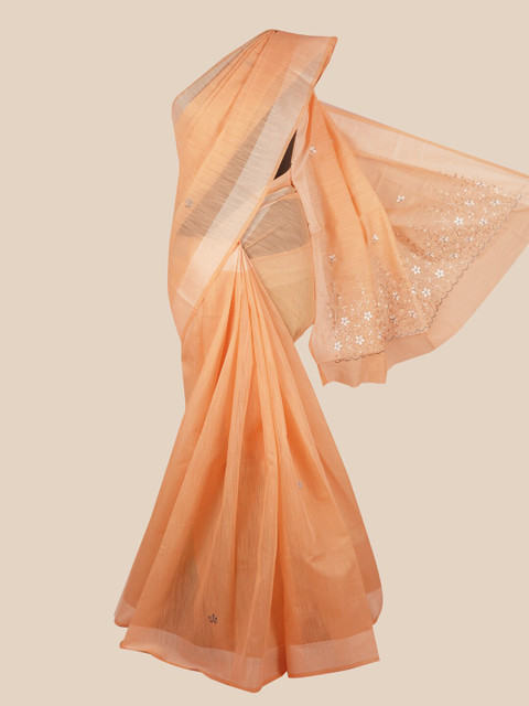 

Pothys Women Peach Embellished Cotton Blend Saree with Blouse