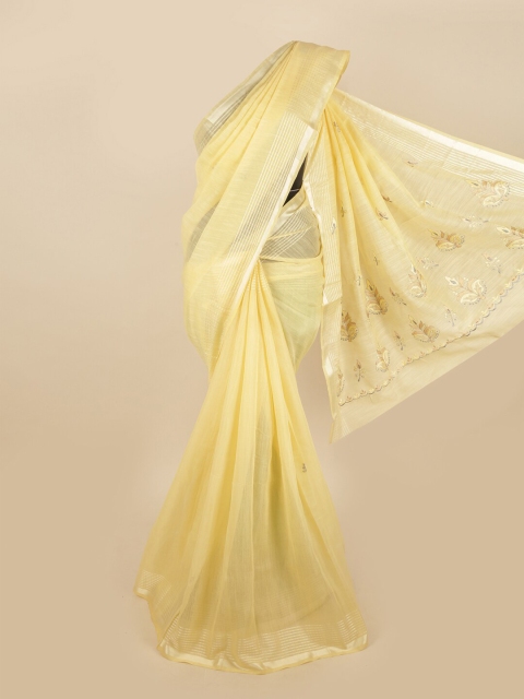 

Pothys Yellow Embroidered Floral Cotton Blend Saree