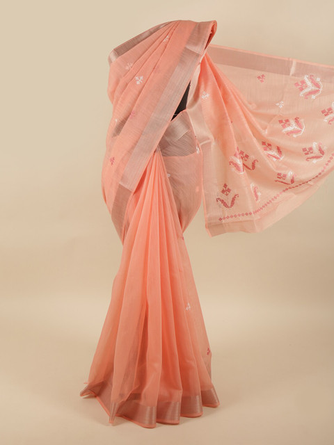

Pothys Peach-Coloured & White Floral Embroidered Zari Saree