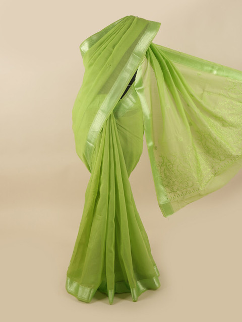 

Pothys Green Embroidered Floral Zari Cotton Blend Saree