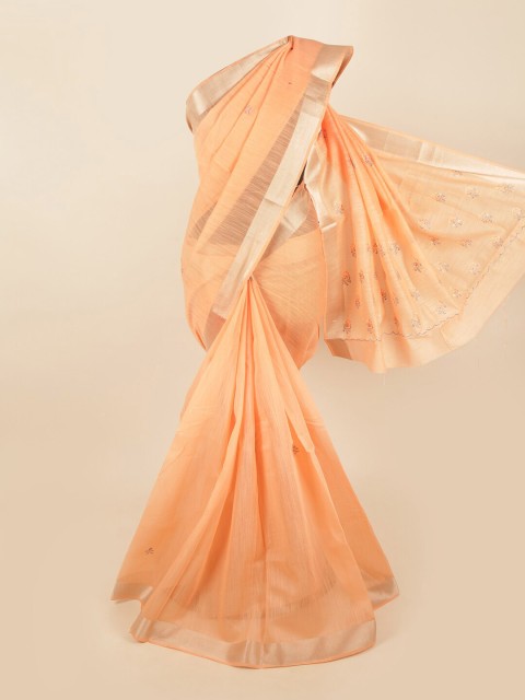 

Pothys Peach-Coloured & Silver-Toned Floral Embroidered Zari Saree