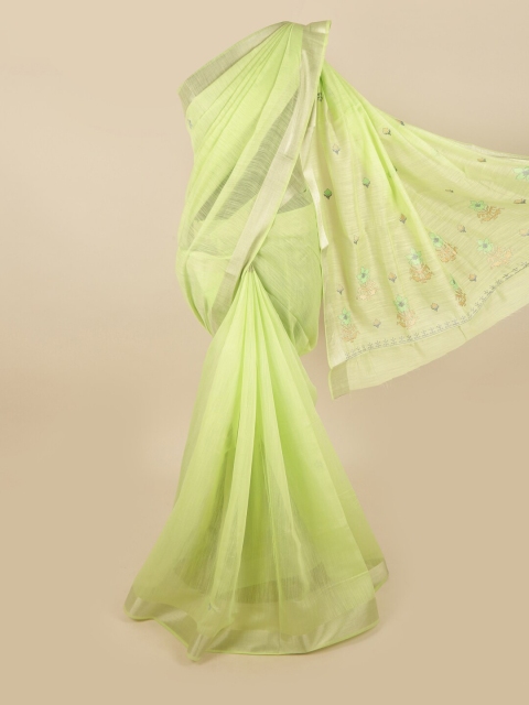 

Pothys Green & Silver-Toned Floral Saree