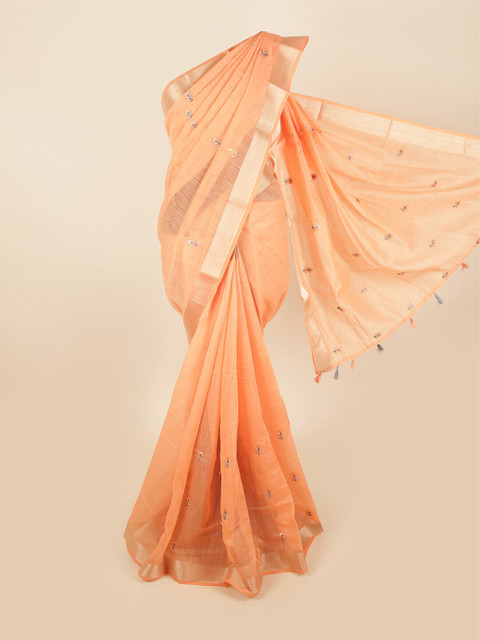 

Pothys Peach-Coloured & Grey Floral Embroidered Zari Saree