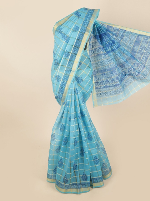 

Pothys Blue & Gold-Toned Cotton Blend Ethnic Motifs Printed Saree