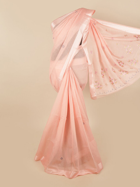 

Pothys Peach-Coloured & Silver-Toned Embroidered Saree