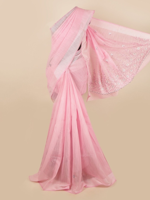 

Pothys Pink Floral Embroidered Cotton Blend Zari Saree