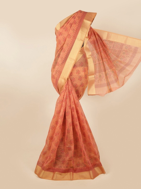 

Pothys Rust & Gold-Toned Cotton Blend Floral Printed Saree