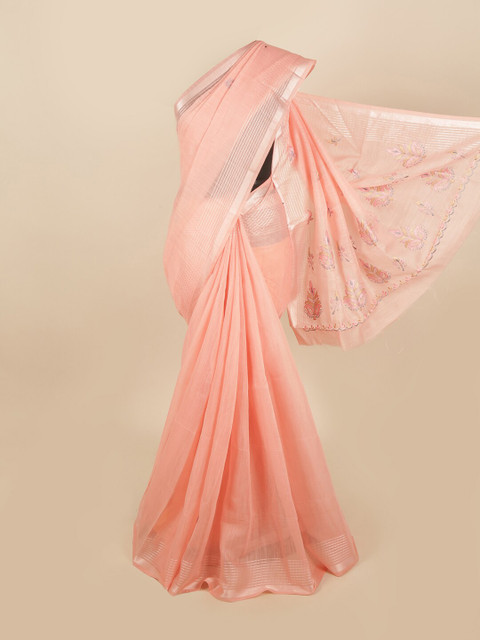 

Pothys Peach-Coloured & Silver-Toned Solid Saree