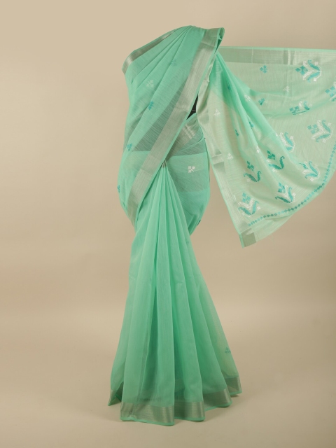 

Pothys Sea Green & Silver-Toned Floral Saree