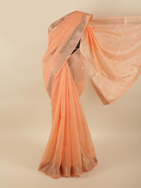 

Pothys Peach-Coloured & Silver-Toned Cotton Blend Embroidered Saree