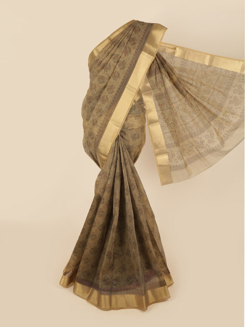 

Pothys Green & Gold-Toned Floral Printed Saree