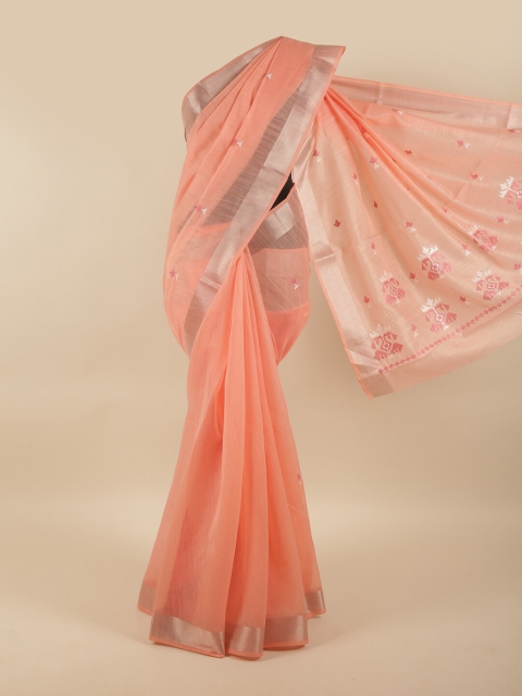 

Pothys Peach-Coloured & Silver-Toned Floral Zari Saree