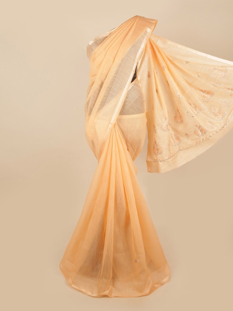 

Pothys Peach-Coloured & Silver-Toned Cotton Blend Ethnic Motifs Embroidered Saree