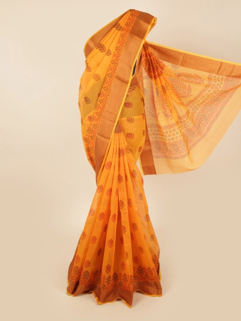 

Pothys Mustard & Brown Cotton Blend Floral Saree