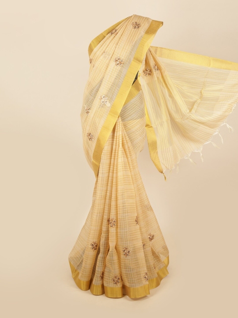 

Pothys Cream-Coloured & Gold-Toned Floral Embroidered Zari Saree