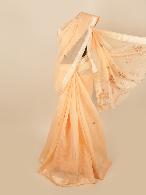 

Pothys Peach-Coloured & Silver-Toned Floral Embroidered Zari Border Saree