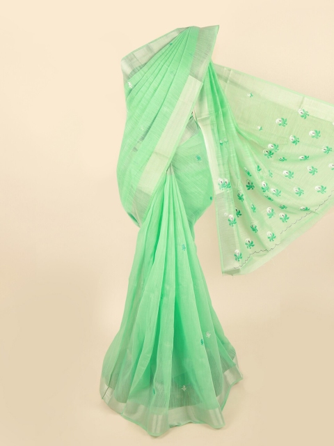 

Pothys Green & Silver-Toned Cotton Blend Ethnic Motifs Embroidered Saree