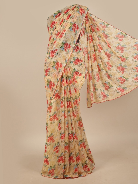 

Pothys Cream-Coloured Poly Chiffon Floral Printed Saree