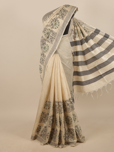 

Pothys Cream-Coloured & Black Floral Jute Silk Saree