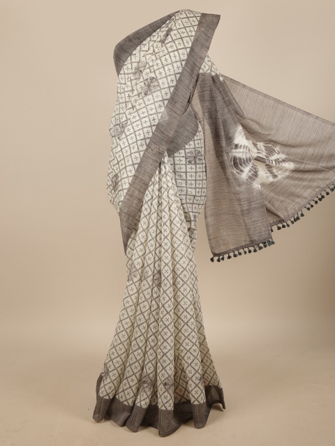 

Pothys Cream-Coloured & Grey Ethnic Motifs Jute Silk Saree