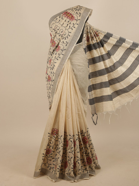 

Pothys Cream-Coloured & Red Floral Embroidered Jute Silk Saree