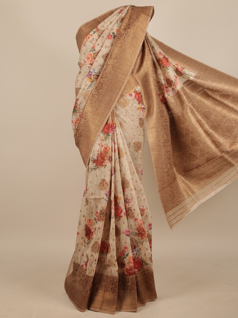 

Pothys Cream-Coloured & Red Floral Jute Silk Saree