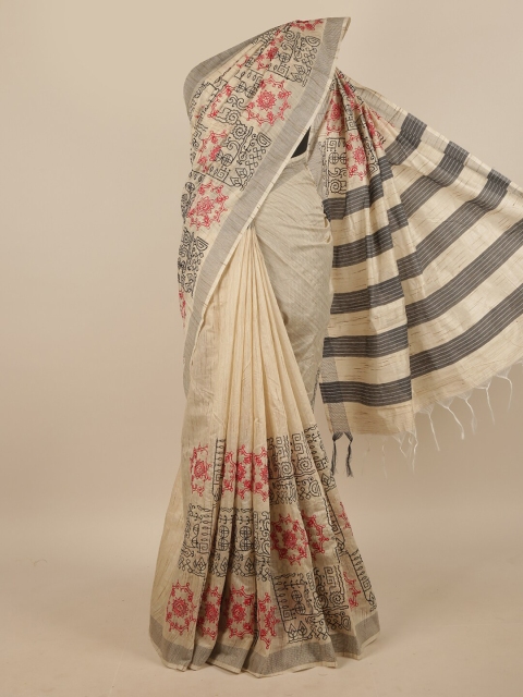 

Pothys Cream-Coloured & Maroon Ethnic Motifs Embroidered Jute Silk Saree