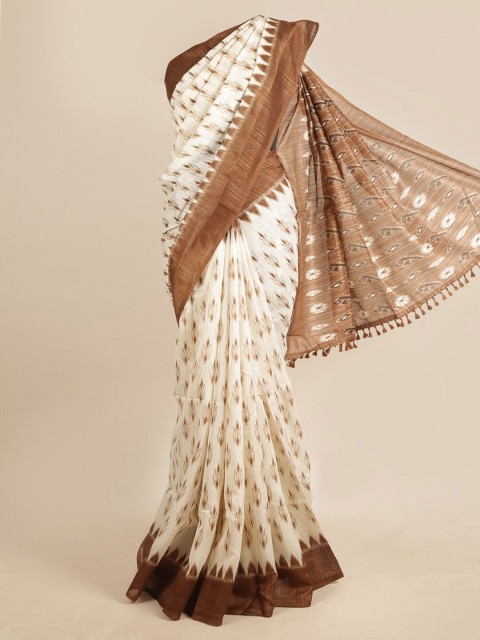 

Pothys Off White & Brown Ethnic Motifs Printed Jute Silk Saree
