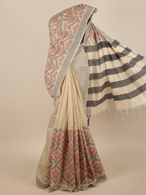 

Pothys Cream-Coloured & Red Floral Embroidered Saree